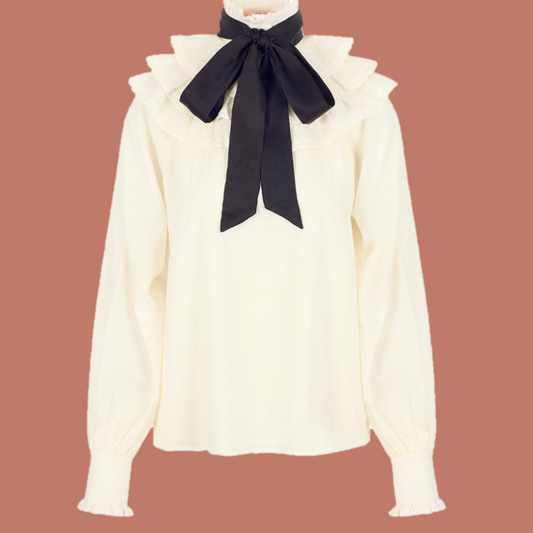 Anais blouse in soft cotton voile in vintage cream with contrast pussy bow tie