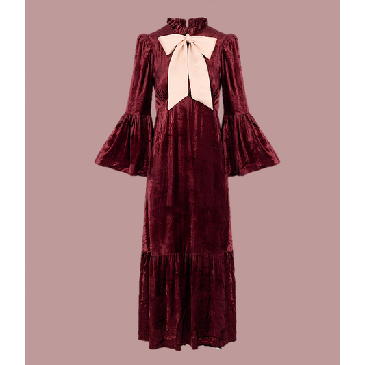 Ophelia dress in burgundy velvet with ballet pink satin tie.