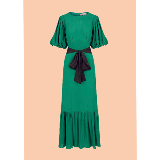 Clemence dress in jewel green viscose crepe with contrast black satin belt.