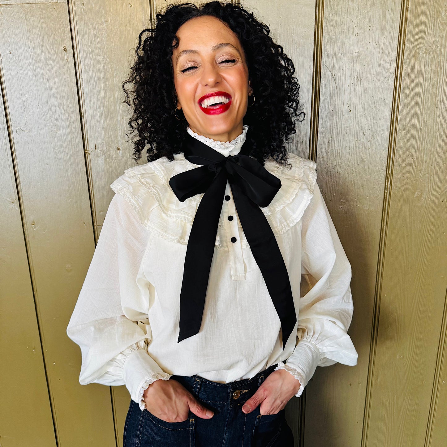 Anais blouse in soft cotton voile in vintage cream with contrast pussy bow tie