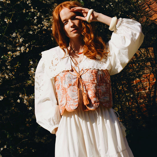 Quilted Penny waistcoat in new summer paisley print with tie front