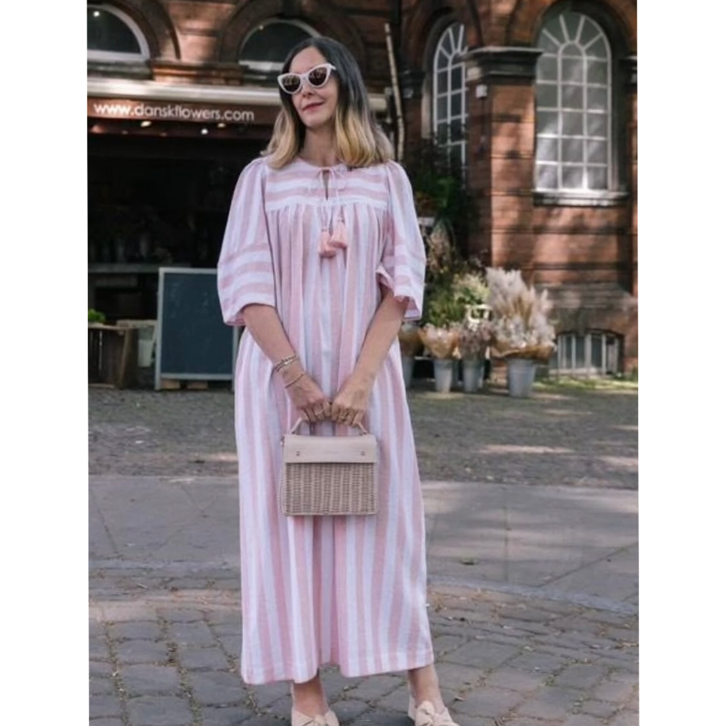 Margot dress in candy striped cotton with angel sleeves and tie belt.