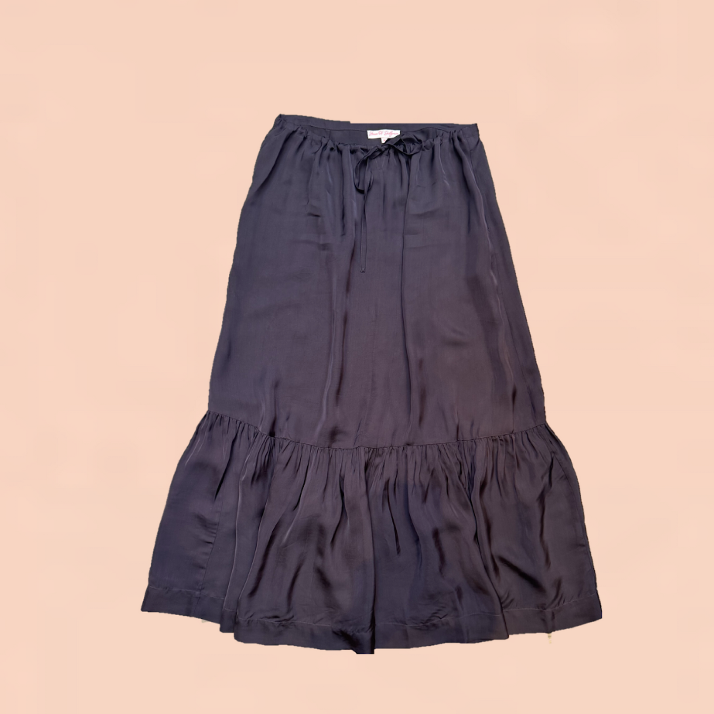 Stella skirt in rich chocolate satin viscose modal with deep frill hem and drawstring waist.