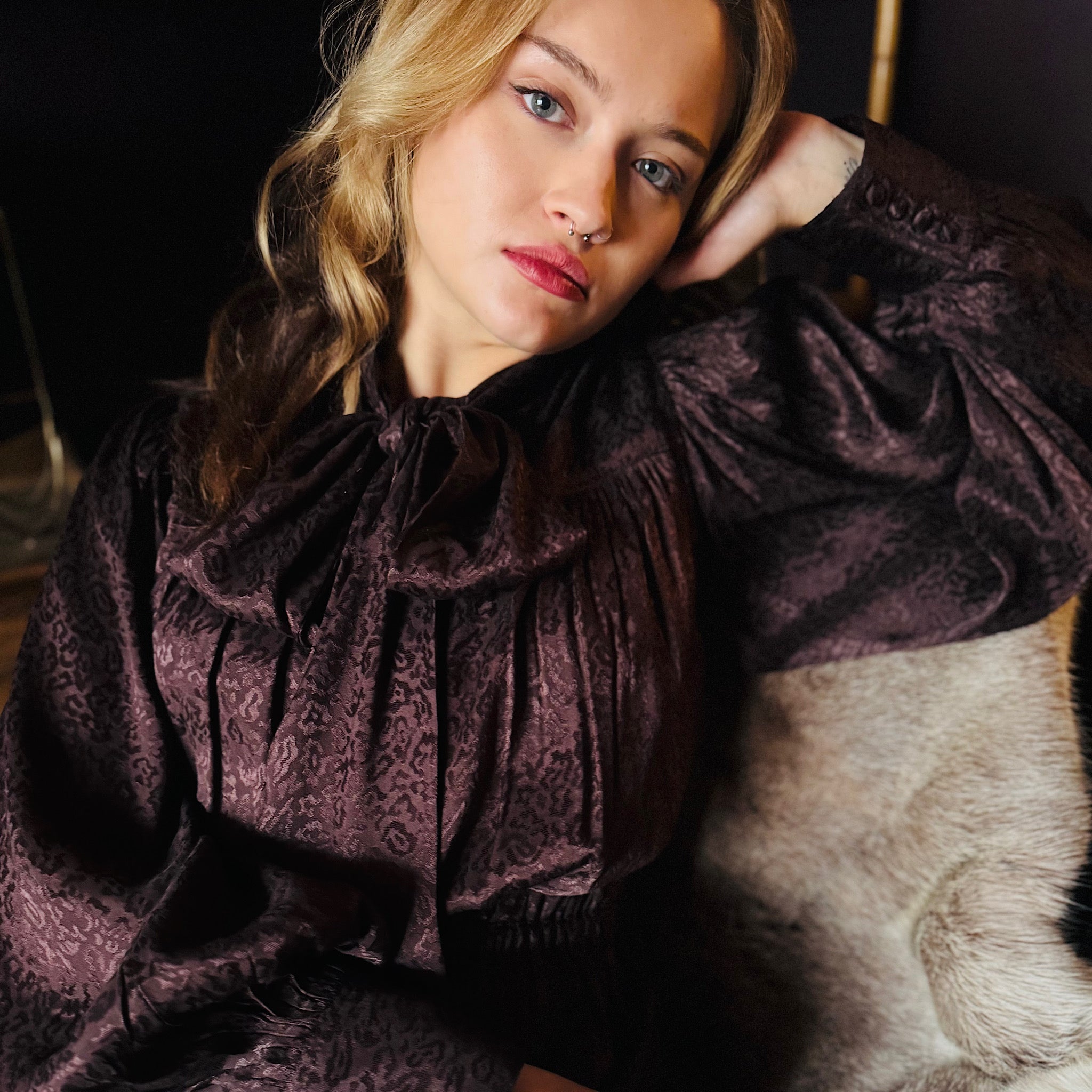 Delphi bow blouse in rich chocolate viscose with leopard jacquard