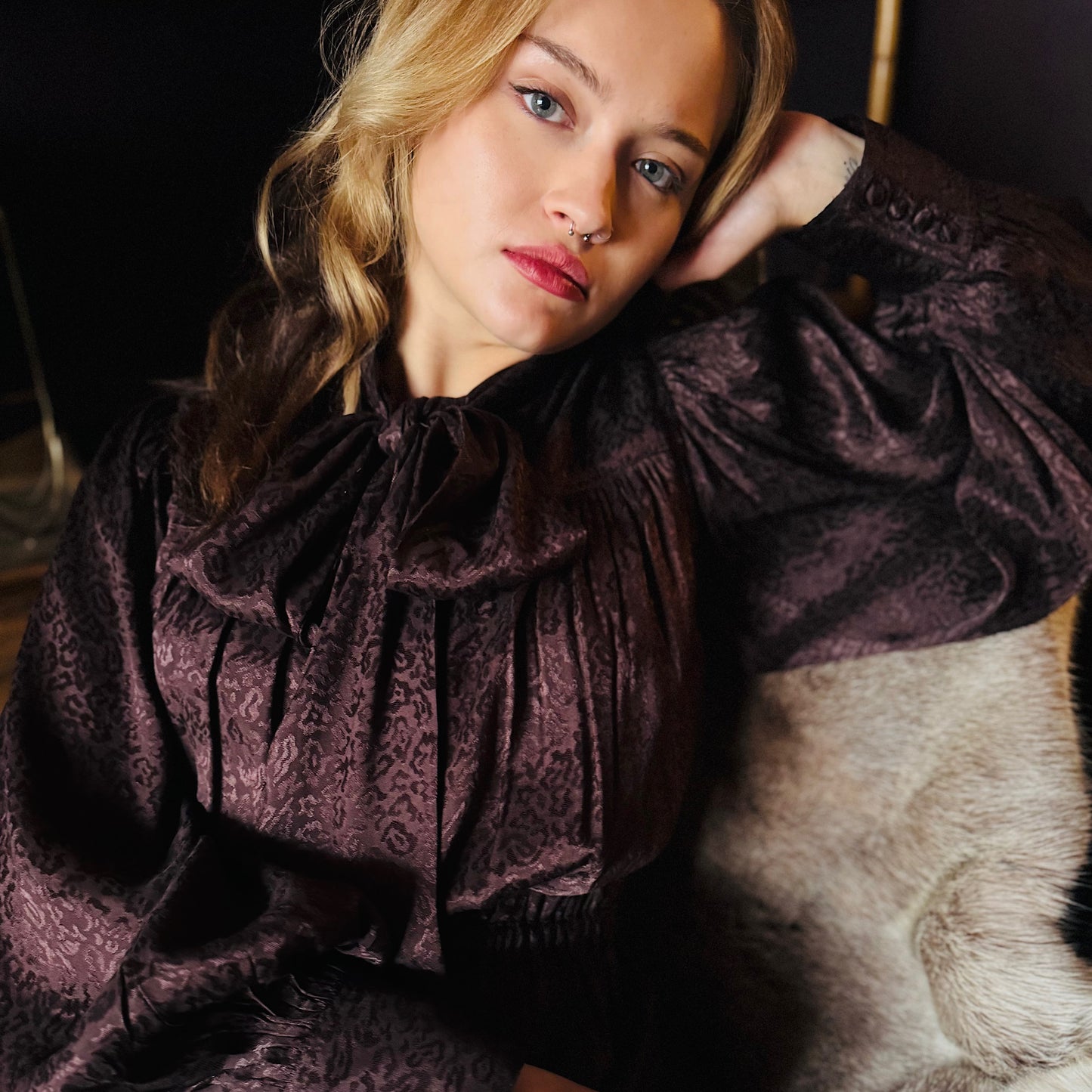 Delphi bow blouse in rich chocolate viscose with leopard jacquard design