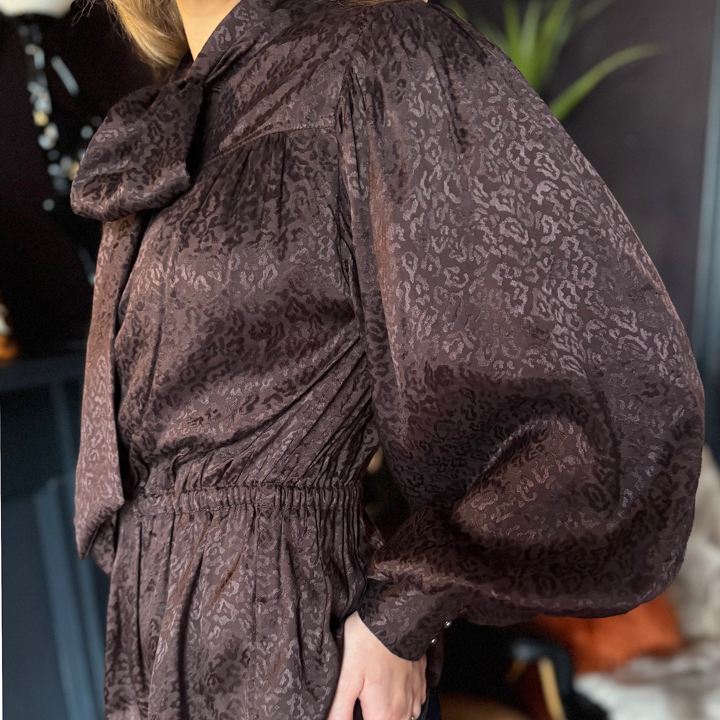 Delphi bow blouse in rich chocolate viscose with leopard jacquard design
