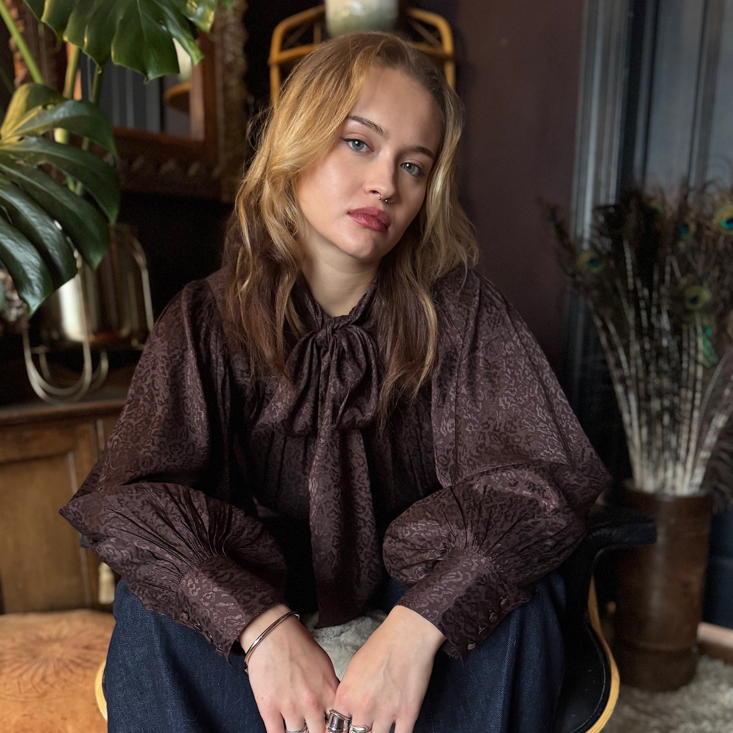 Delphi bow blouse in rich chocolate viscose with leopard jacquard design