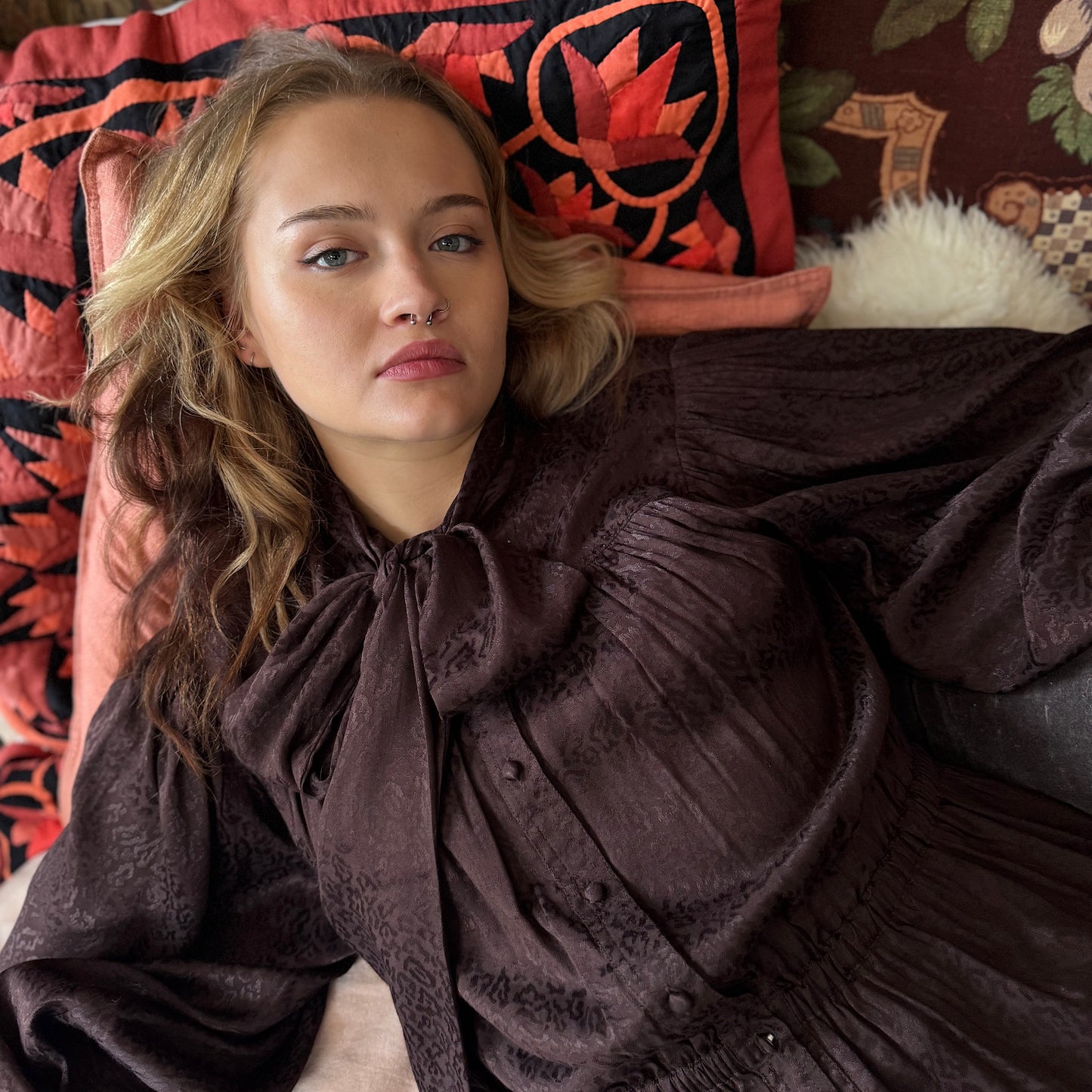 Delphi bow blouse in rich chocolate viscose with leopard jacquard design