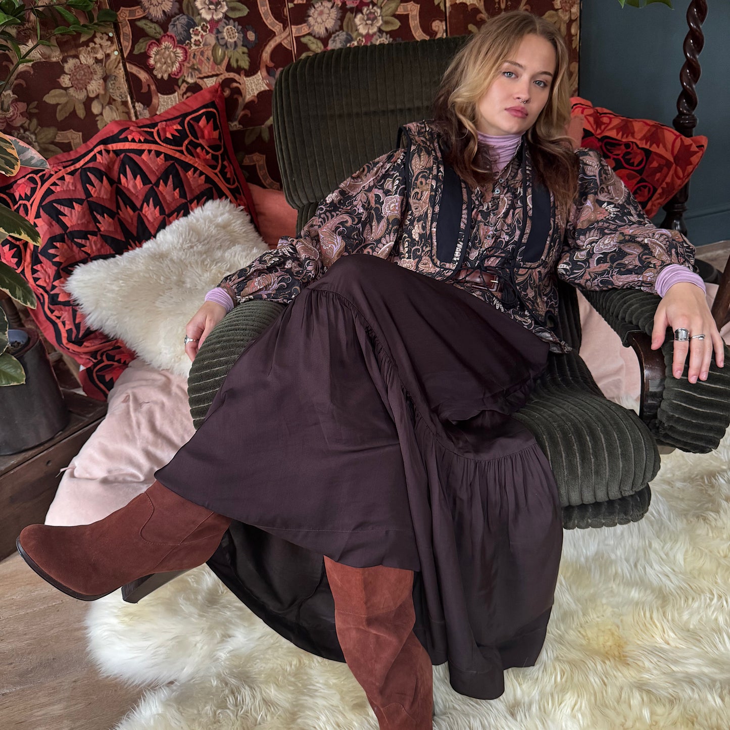 Stella skirt in rich chocolate satin viscose modal with deep frill hem and drawstring waist.