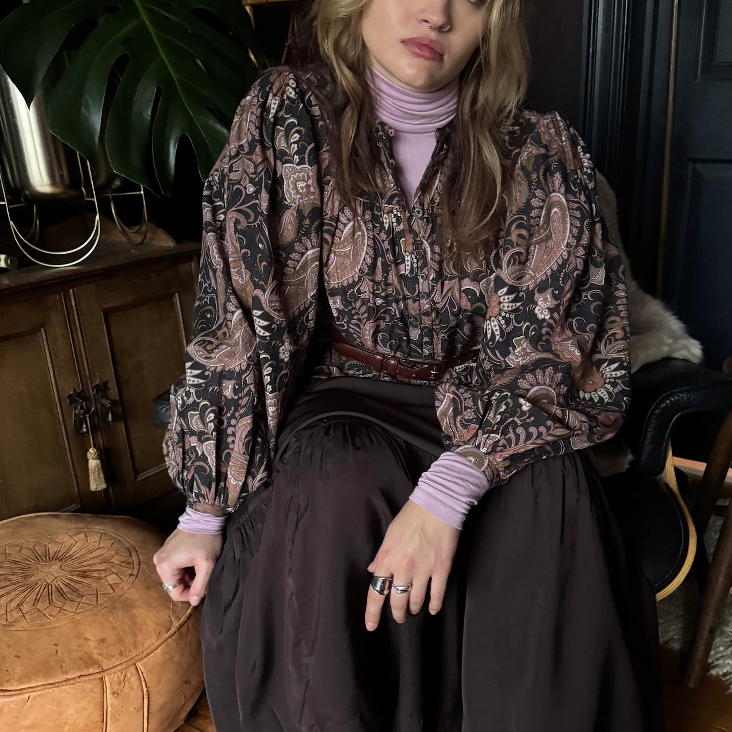 Stella skirt in rich chocolate satin viscose modal with deep frill hem and drawstring waist.