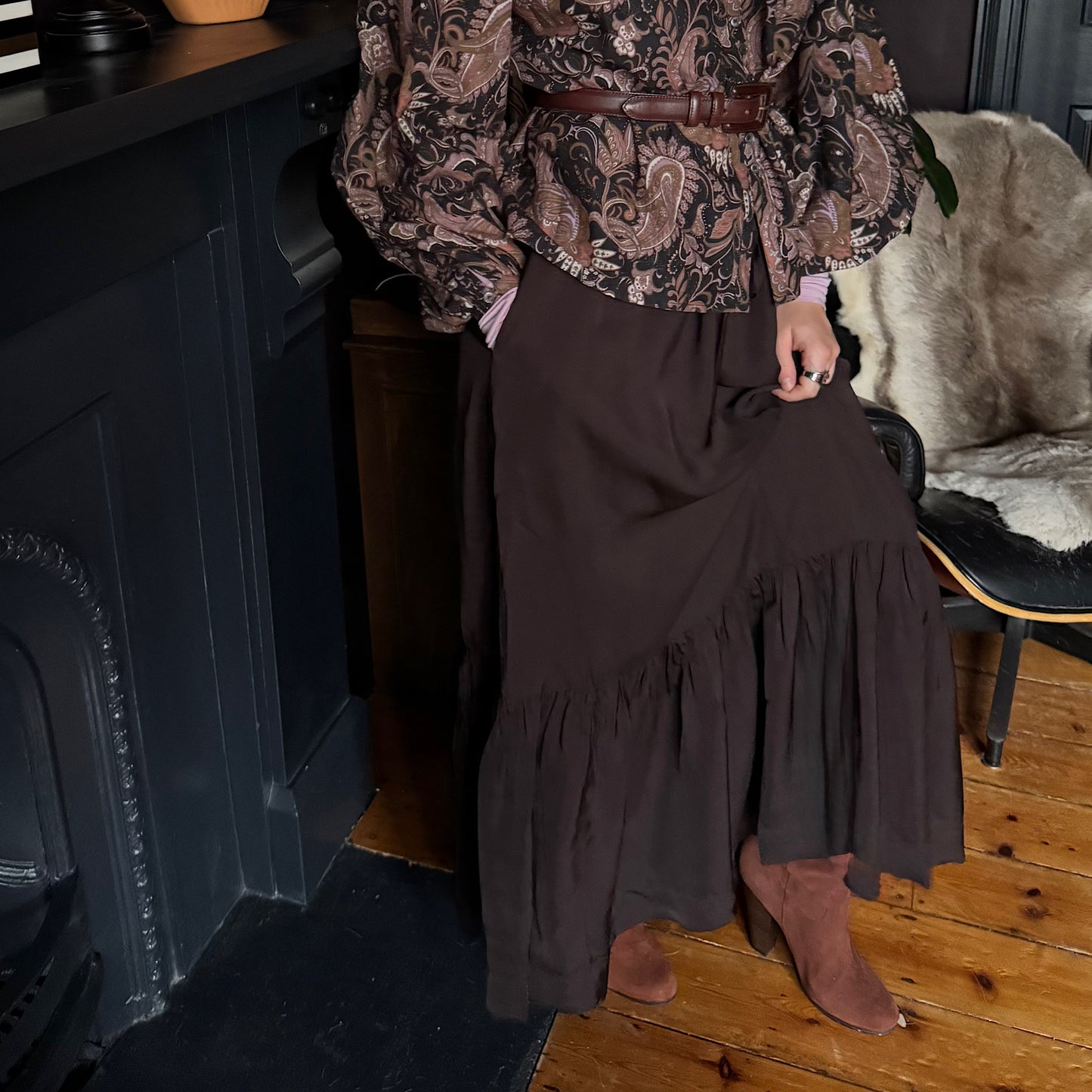 Stella skirt in rich chocolate satin viscose modal with deep frill hem and drawstring waist.