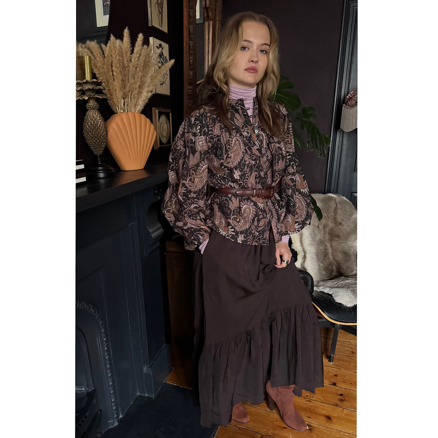 Stella skirt in rich chocolate satin viscose modal with deep frill hem and drawstring waist.