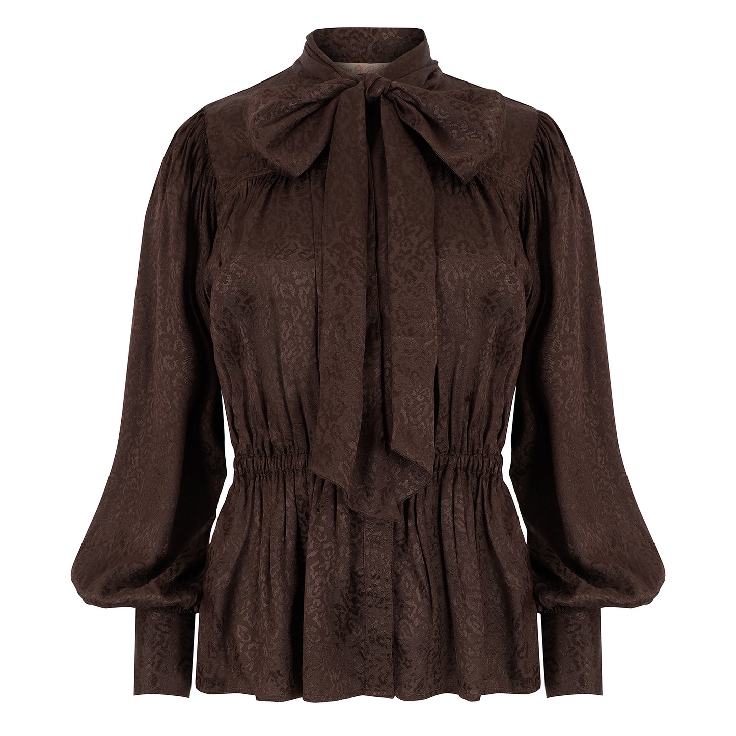 Delphi bow blouse in rich chocolate viscose with leopard jacquard design