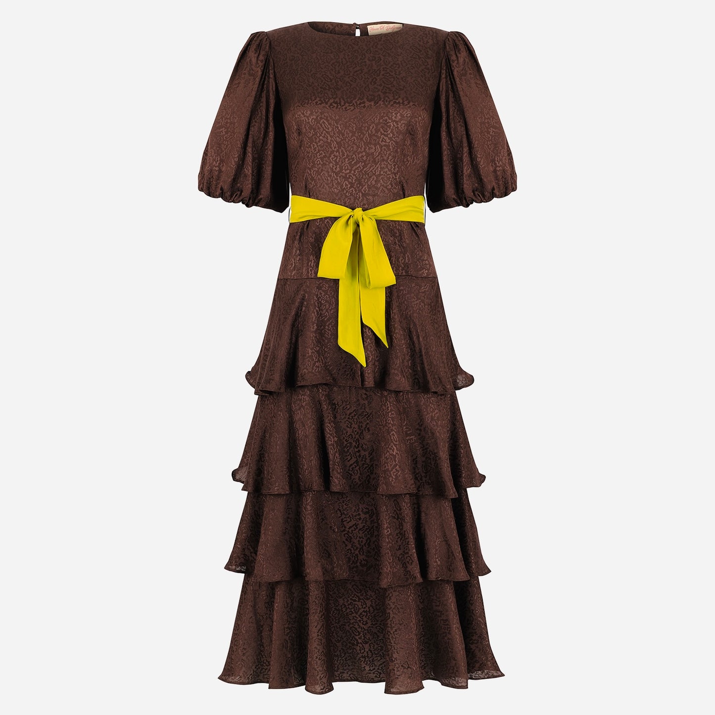 Lou-Lou dress in rich chocolate leopard print jacquard, with contrast belt and tiered skirt.
