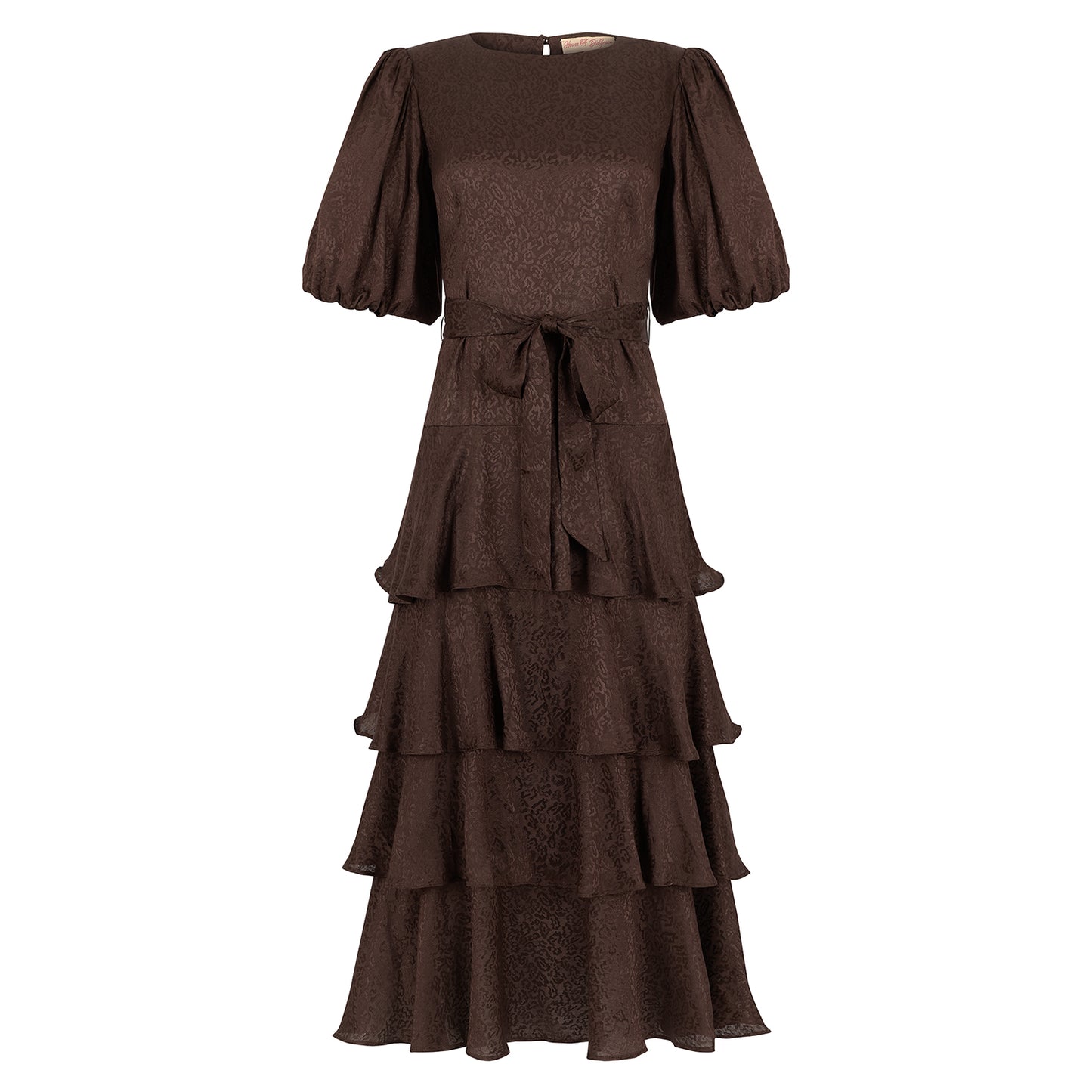 Lou-Lou dress in rich chocolate leopard print jacquard, with contrast belt and tiered skirt.