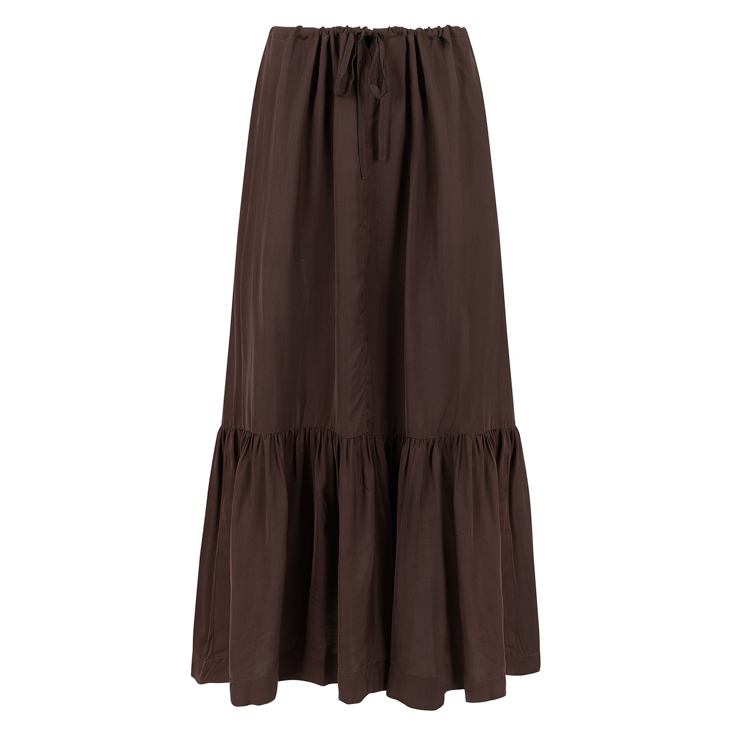 Stella skirt in rich chocolate satin viscose modal with deep frill hem and drawstring waist.