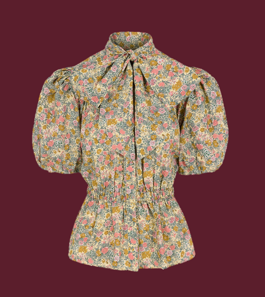 Ella bow blouse in summer meadow floral print, cotton lawn.