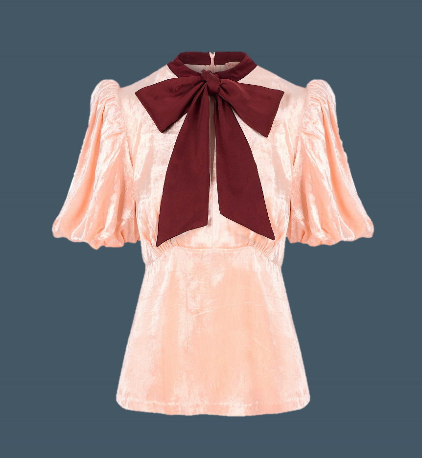 Sophie blouse in ballet pink velvet with contrast tie