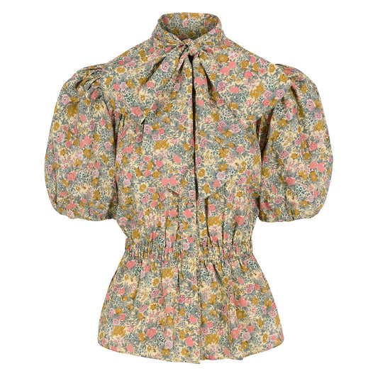 Ella bow blouse in summer meadow floral print, cotton lawn.