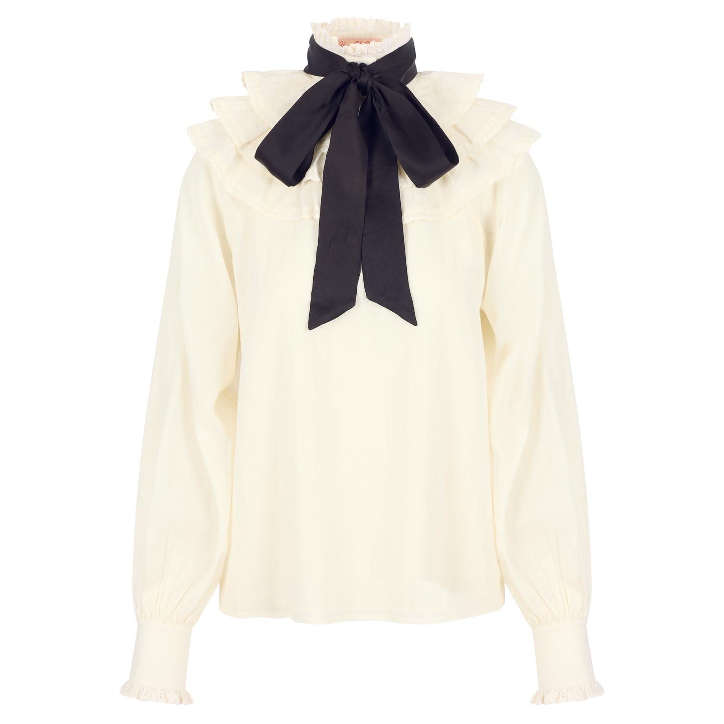 Anais blouse in soft cotton voile in vintage cream with contrast pussy bow tie